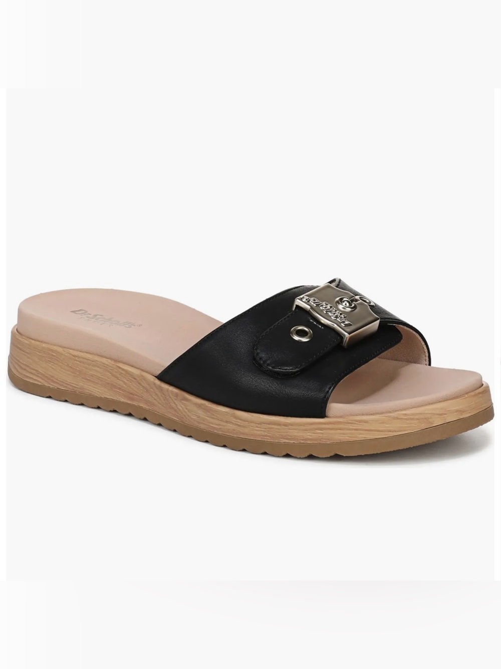 NWOT Dr. Scholl's Icon Now Black Slide Sandal with Wood-Tone Sole Size 11